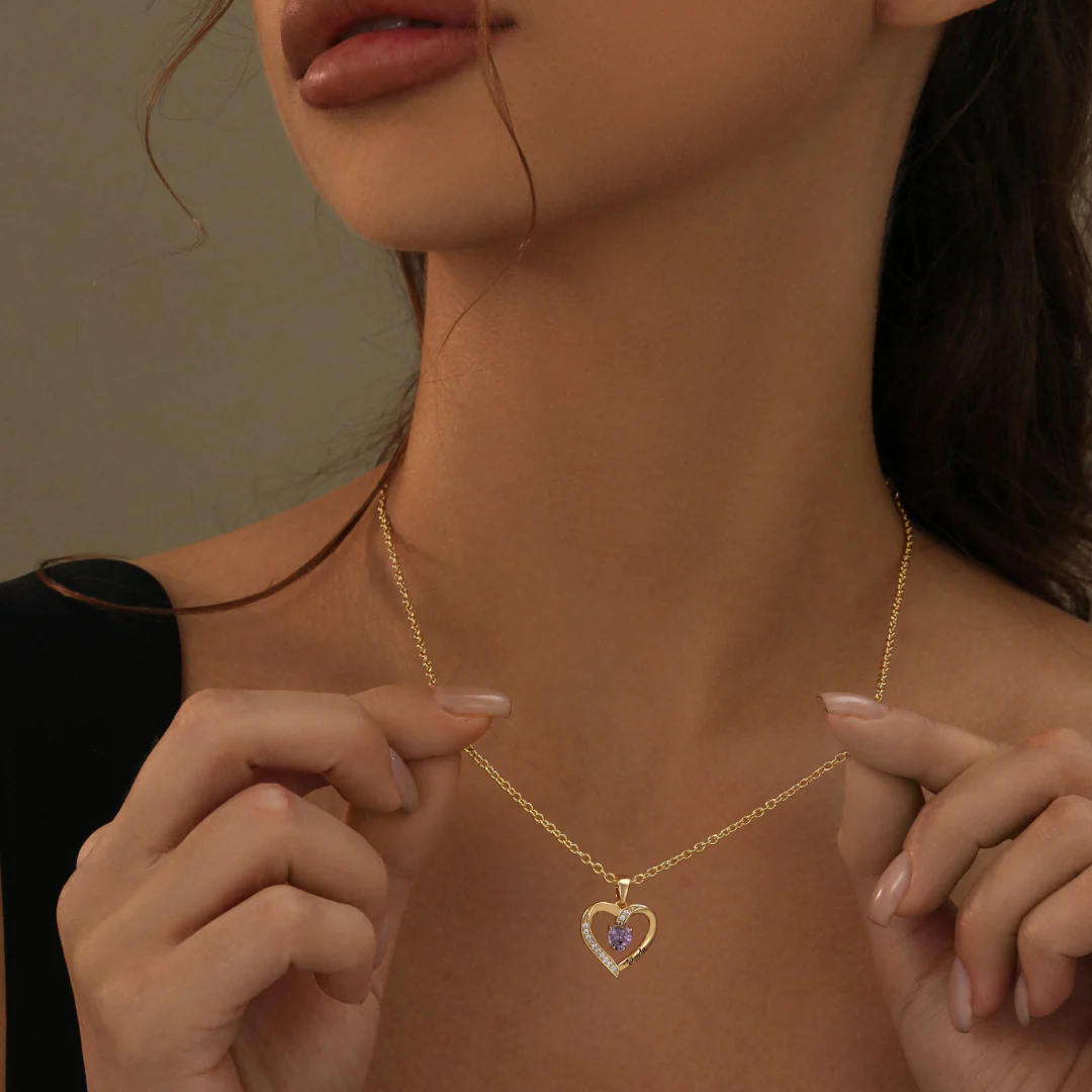 Personalized Name Birthstone Heart Shape Necklace In 14K Solid Gold