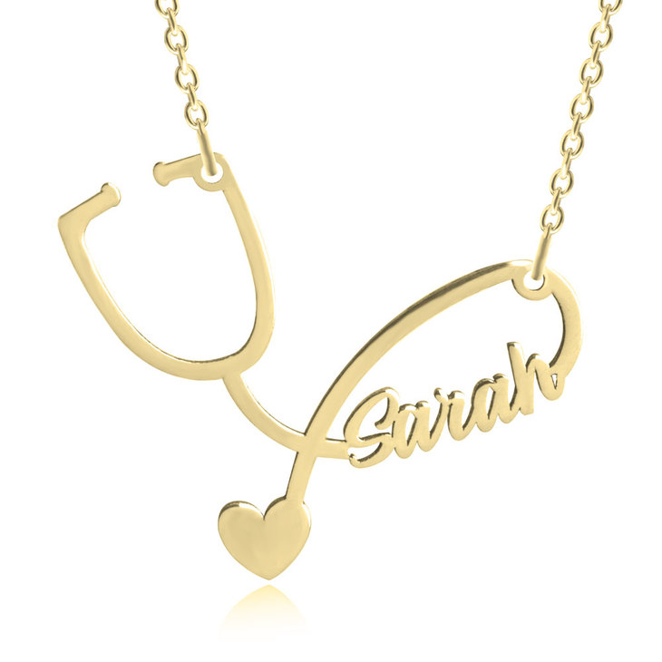 Personalized Name Heart Stethoscope Necklace In 14K Solid Gold