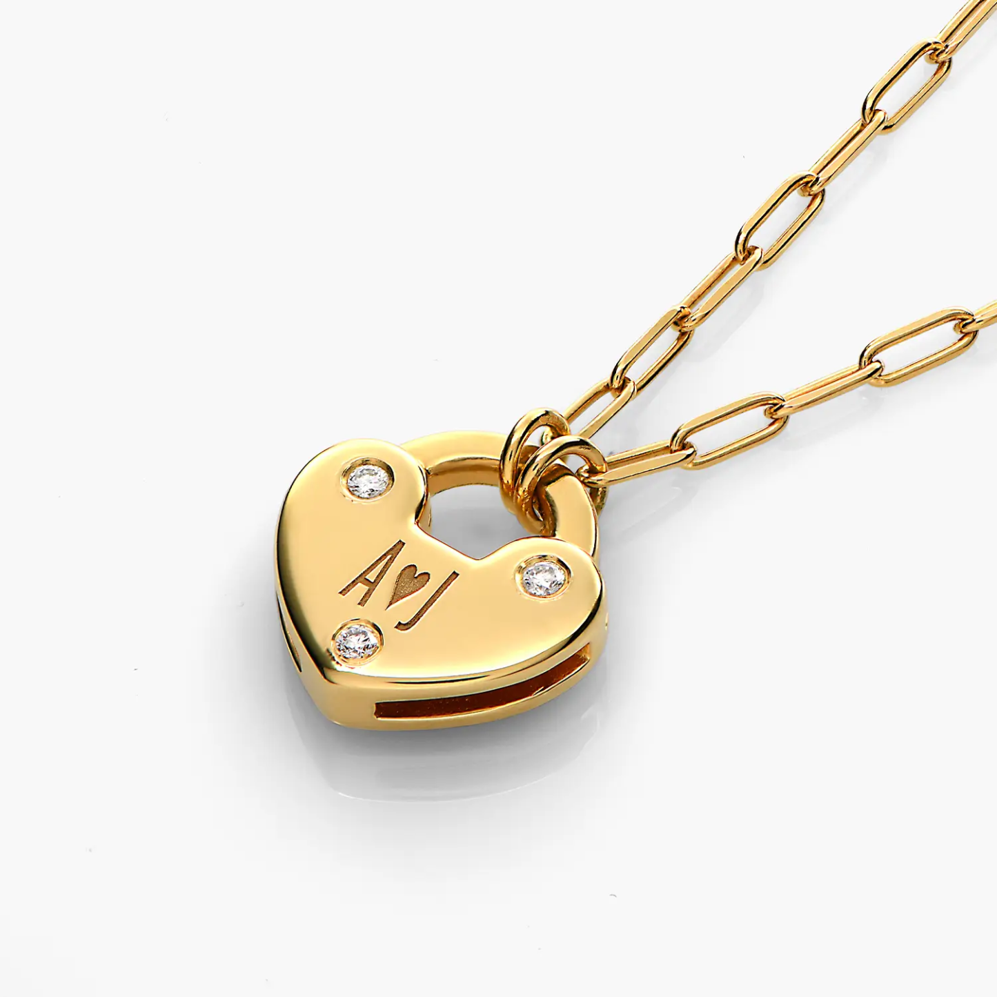 Personalized Engraved Cubic Zirconia Heart Lock Charm Necklace In 14K Gold