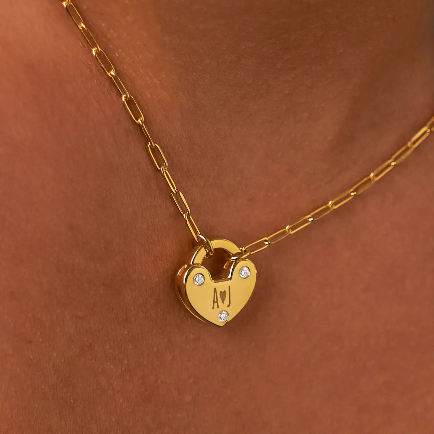 Personalized Engraved Cubic Zirconia Heart Lock Charm Necklace In 14K Gold