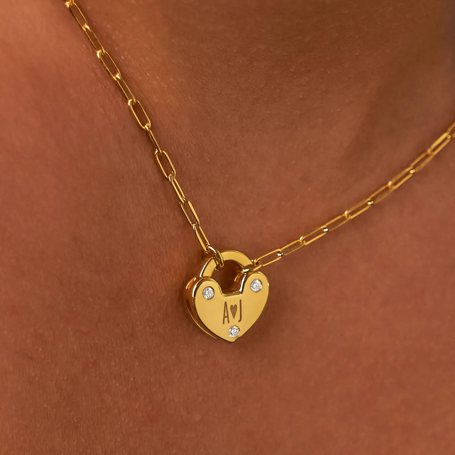 Personalized Engraved Cubic Zirconia Heart Lock Charm Necklace In 14K Gold