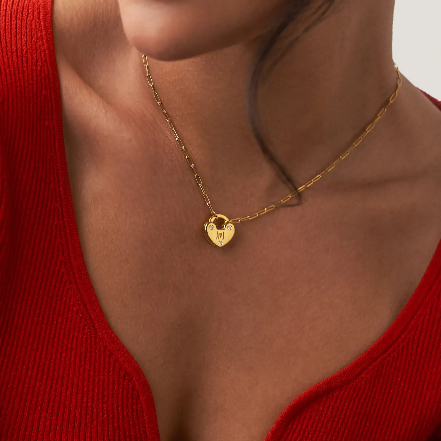 Personalized Engraved Cubic Zirconia Heart Lock Charm Necklace In 14K Gold