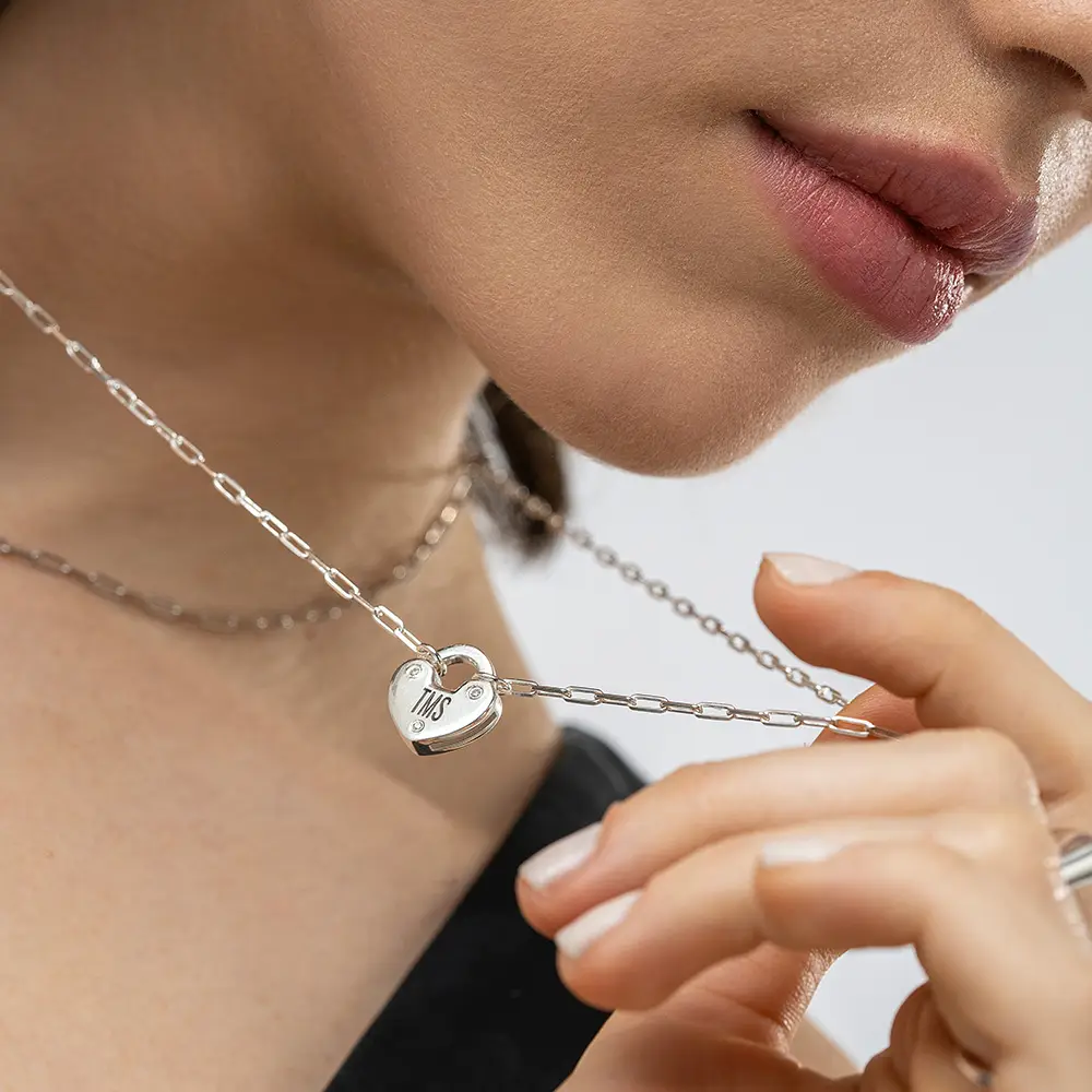 Personalized Engraved Cubic Zirconia Heart Lock Charm Necklace In Sterling Silver