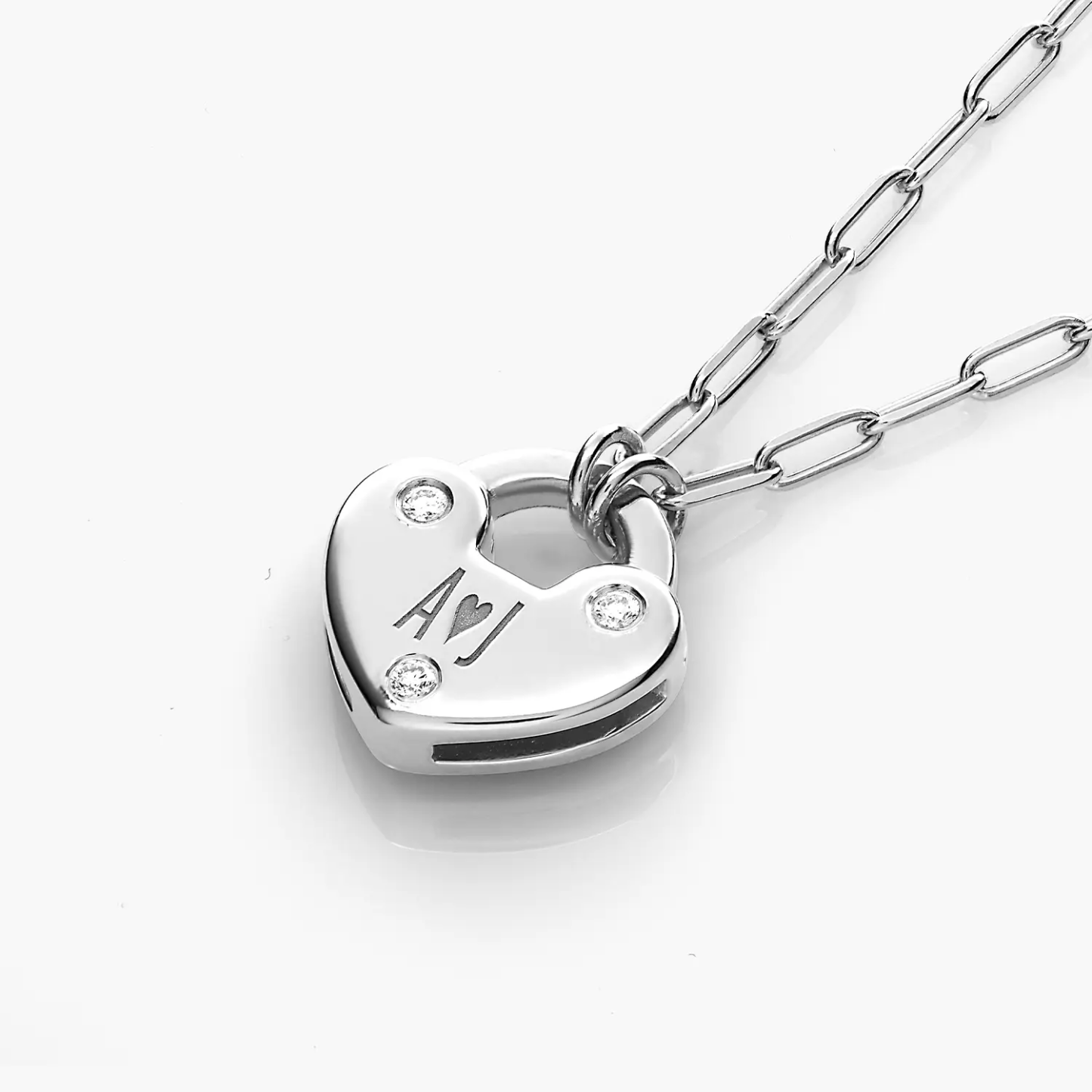 Personalized Engraved Cubic Zirconia Heart Lock Charm Necklace In Sterling Silver