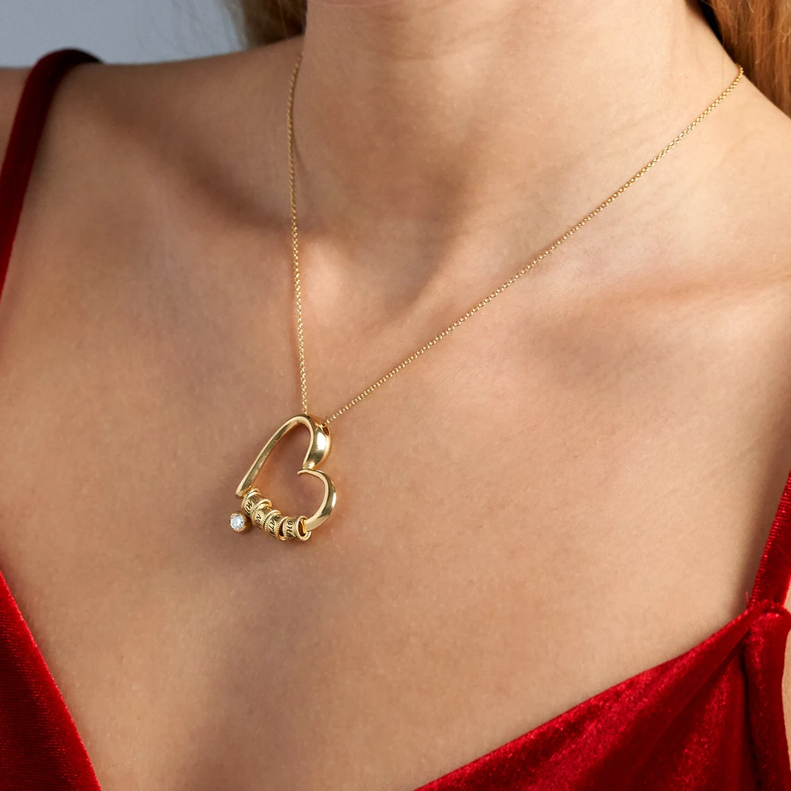 Personalized Name Beads Diamond Heart Charm Necklace In Gold Vermeil