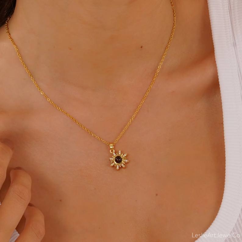 Sun Flower Personalized Photo Necklace In Sterling Silver