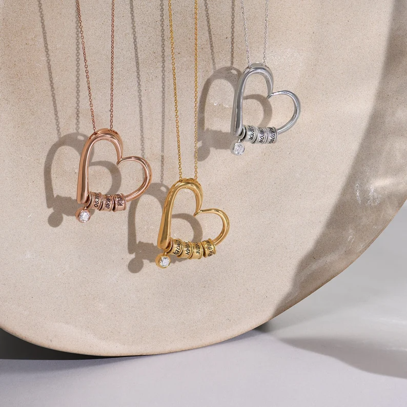 Personalized Name Beads Diamond Heart Charm Necklace In Sterling Silver