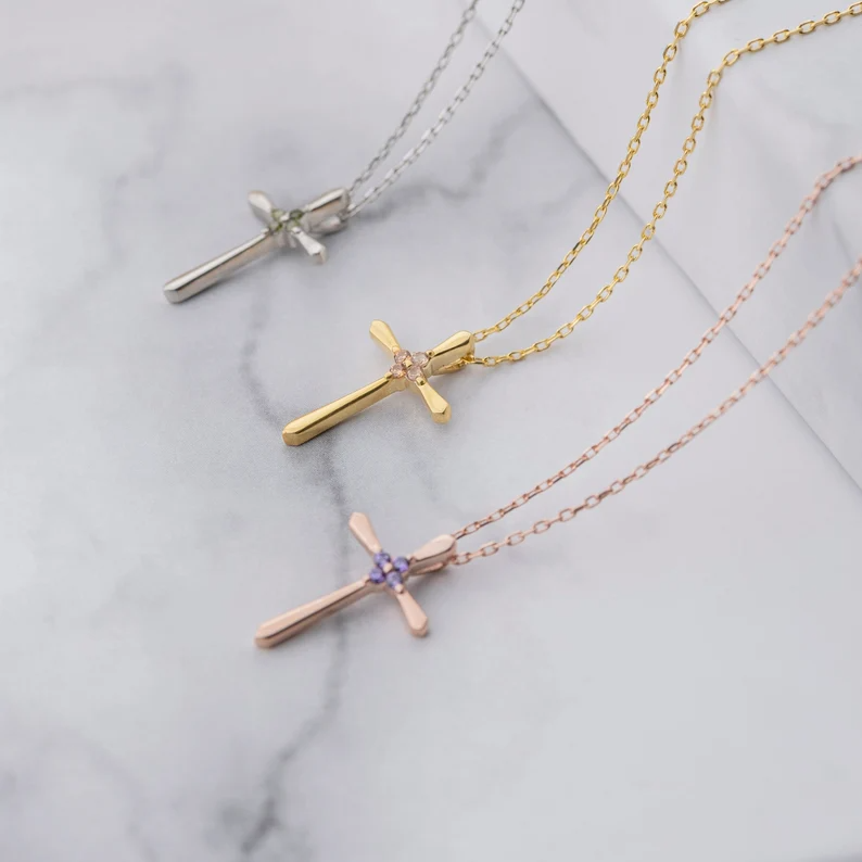 Cross Birthstone Necklace In 14K Gold