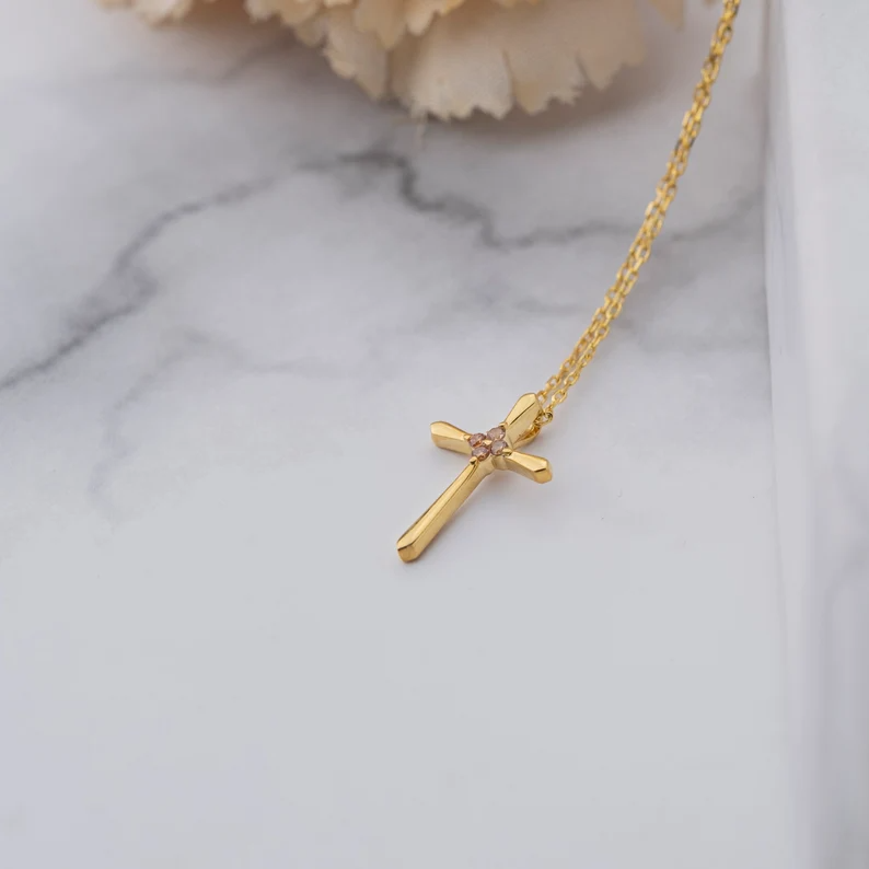 Cross Birthstone Necklace In 14K Gold