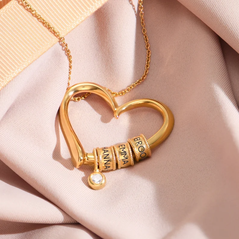 Personalized Name Beads Diamond Heart Charm Necklace In 14K Solid Gold