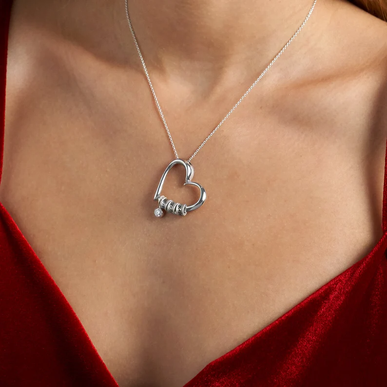 Personalized Name Beads Diamond Heart Charm Necklace In Sterling Silver