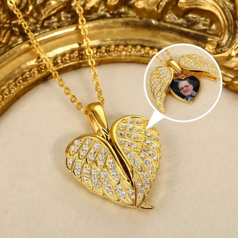 Angel Wing Personalized Photo Locket Necklace In Sterling Silver