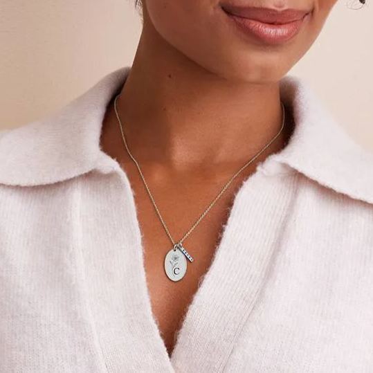 Prairie Birth Flower and Birthstones Initial Necklace in Sterling Silver
