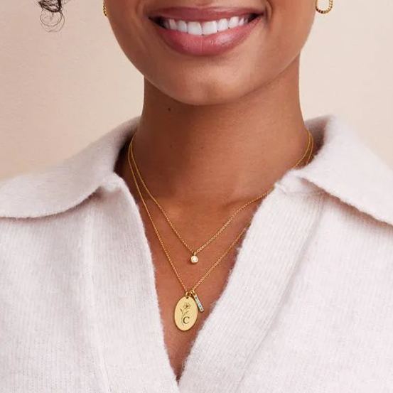 Prairie Birth Flower and Birthstones Initial Necklace in 18K Gold