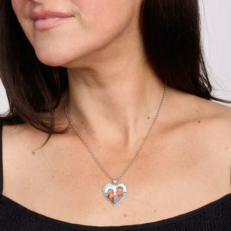Heart Photo Engraved Necklace with Diamond Cut Edge in Sterling Silver
