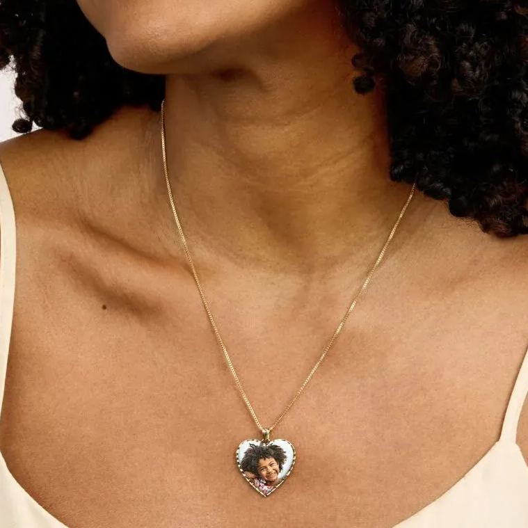 Heart Photo Engraved Necklace with Diamond Cut Edge in Sterling Silver