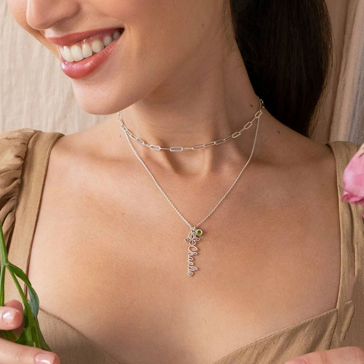 Blooming Birth Flower Name Necklace with Birthstone in Sterling Silver