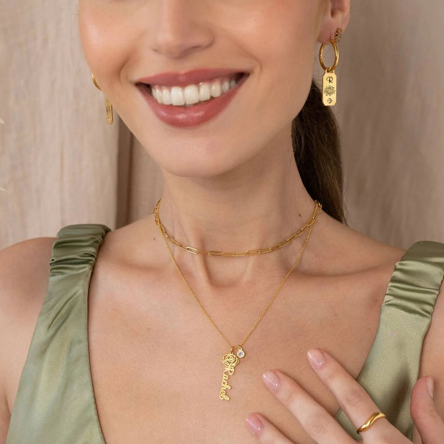 Blooming Birth Flower Name Necklace with Birthstone in Gold Plating