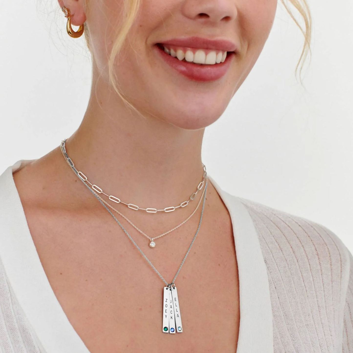 Engraved Vertical Bar Necklace with Birthstones in Sterling Silver