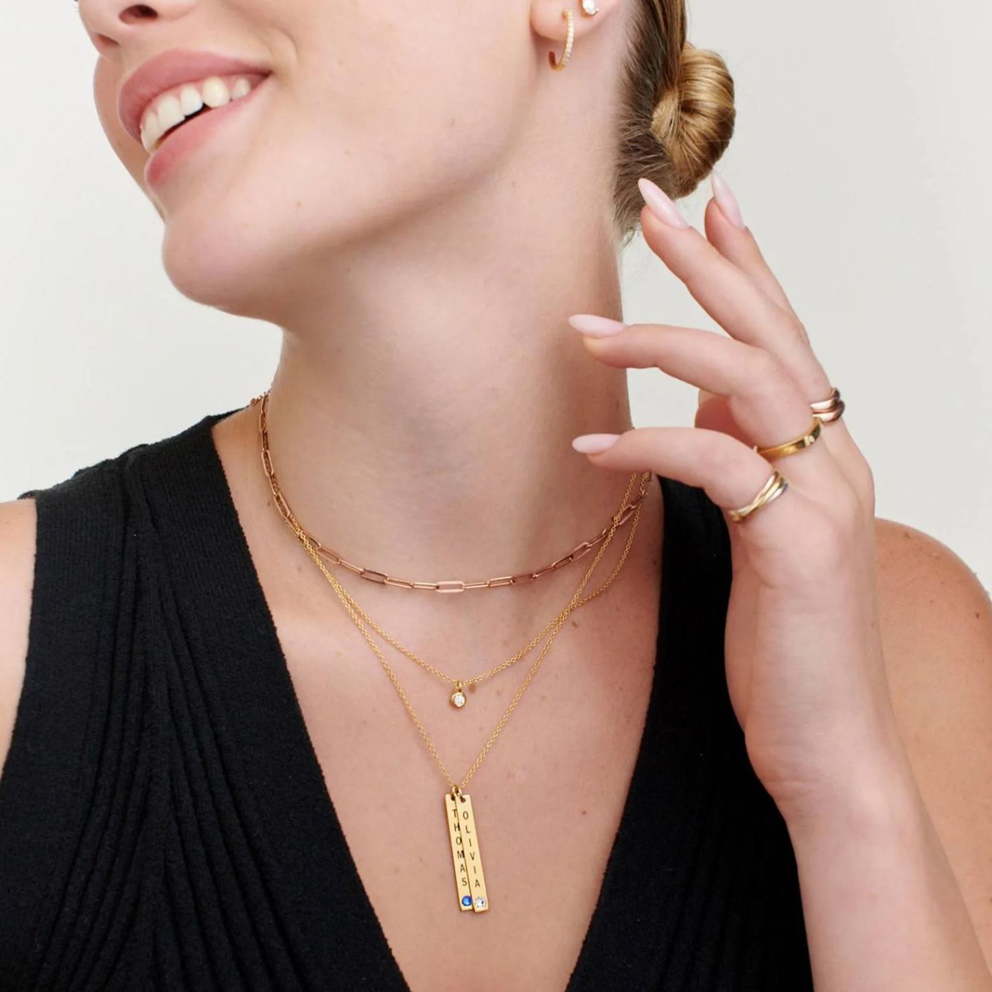 Engraved Vertical Bar Necklace with Birthstones in Gold Plating