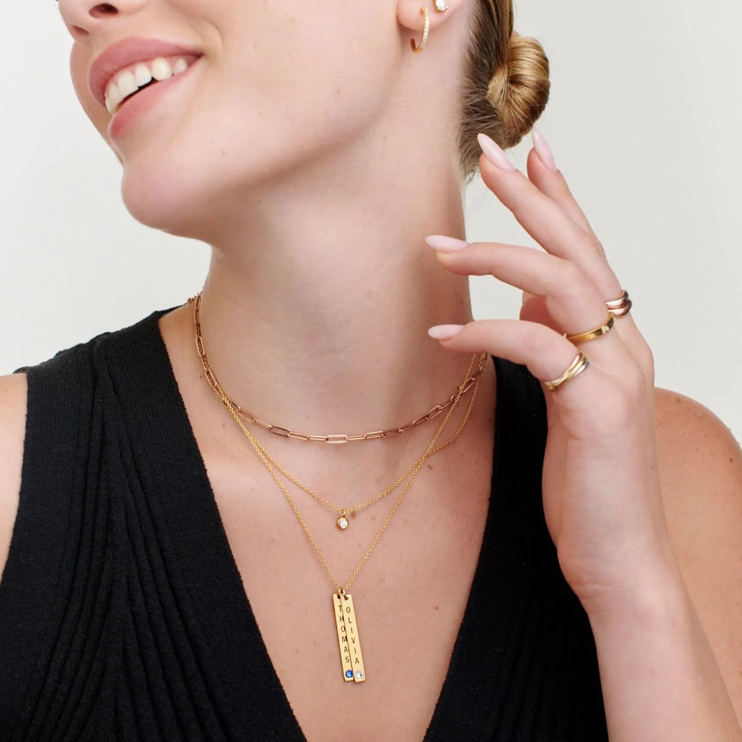 Engraved Vertical Bar Necklace with Birthstones in Gold Plating