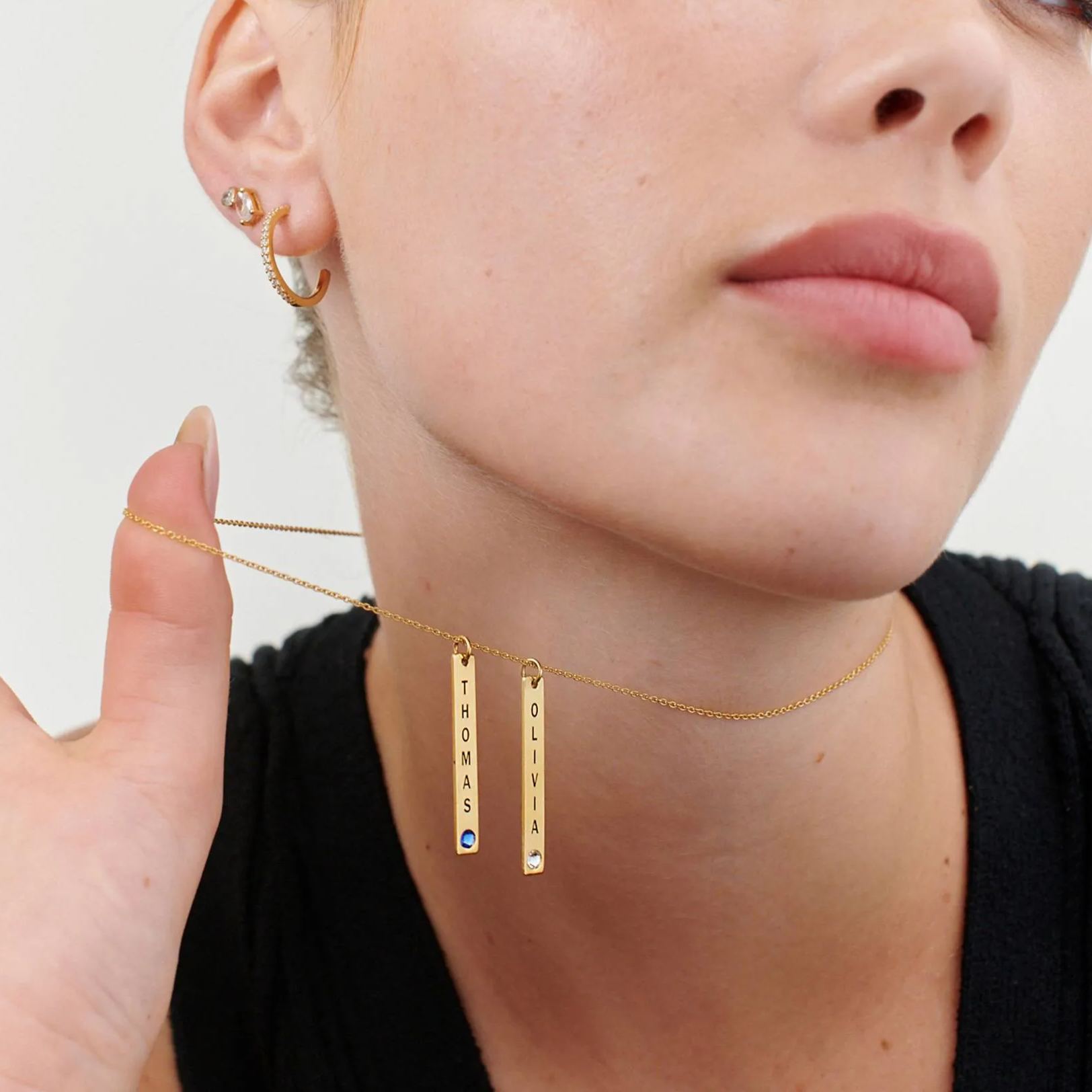 Engraved Vertical Bar Necklace with Birthstones in Gold Plating