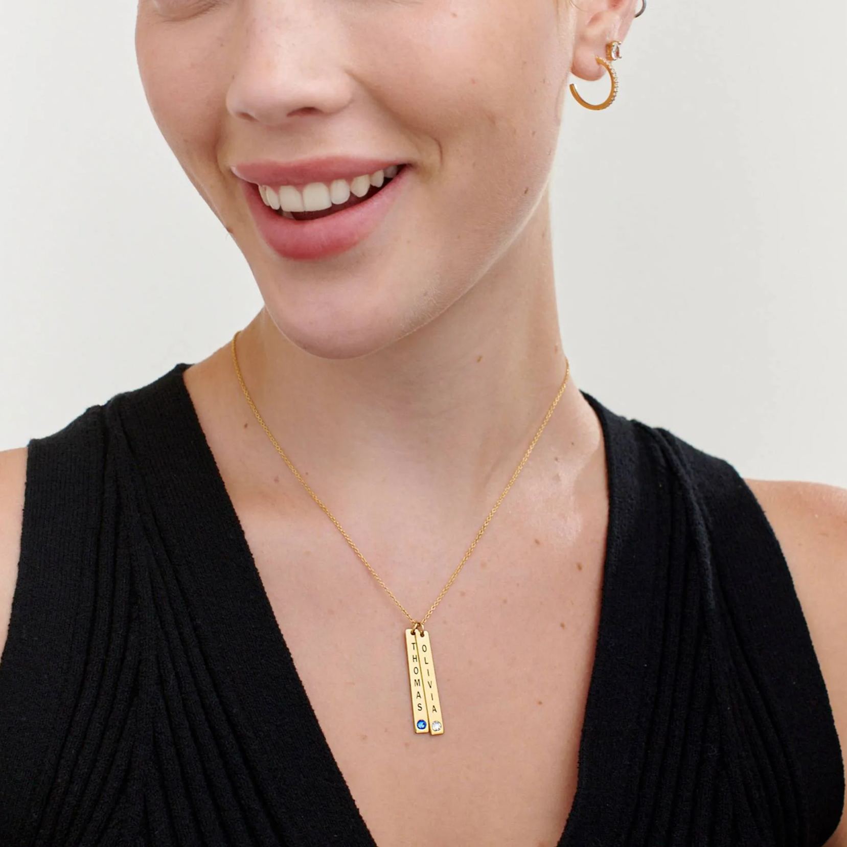 Engraved Vertical Bar Necklace with Birthstones in Gold Plating