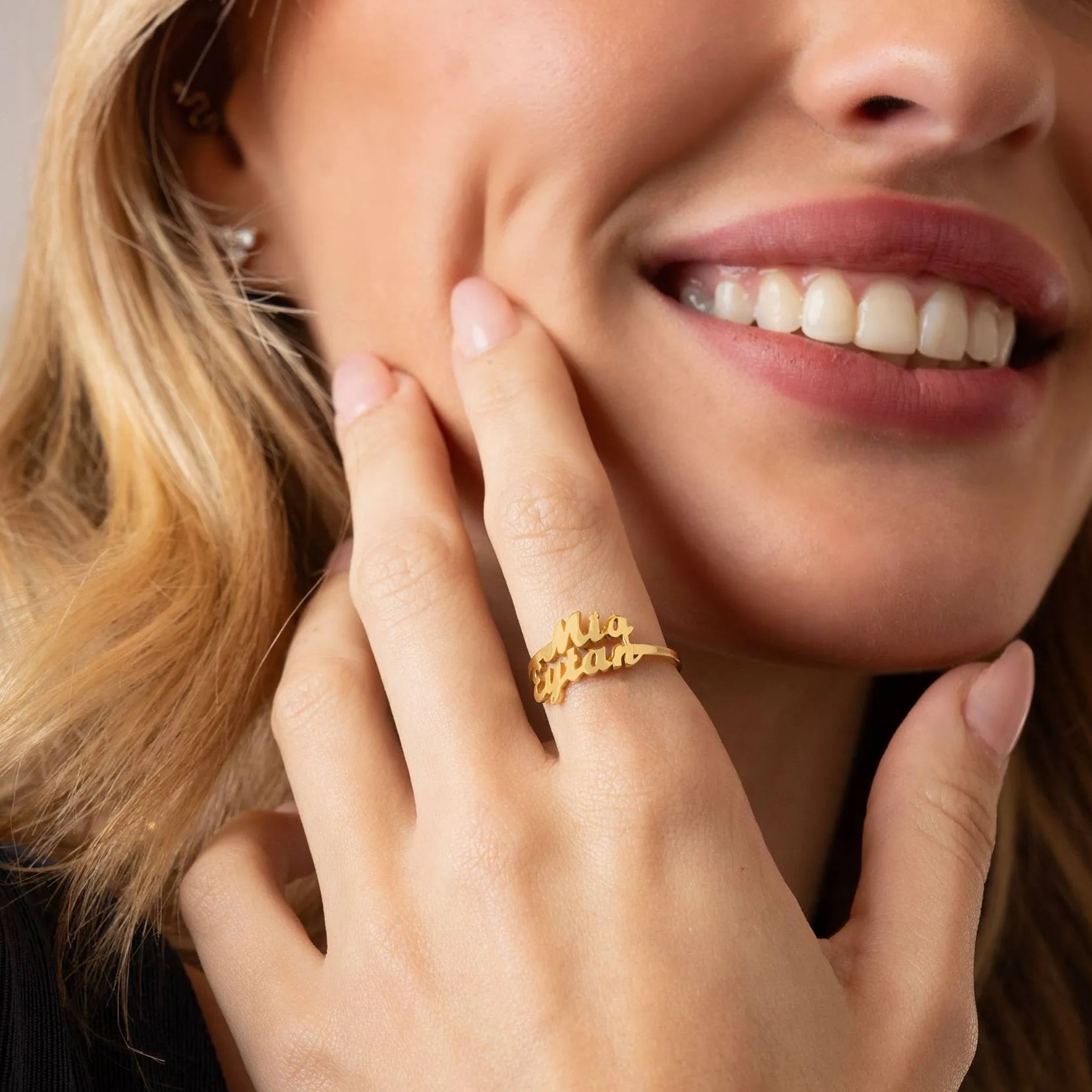 Script Double Name Ring in Gold Plating