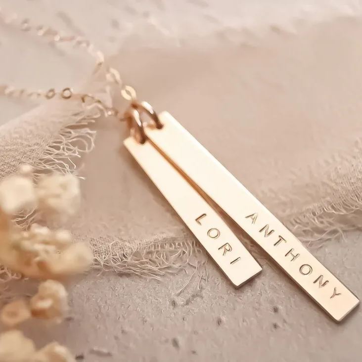 Personalized Name Double Bar Necklace In 14K Solid Gold