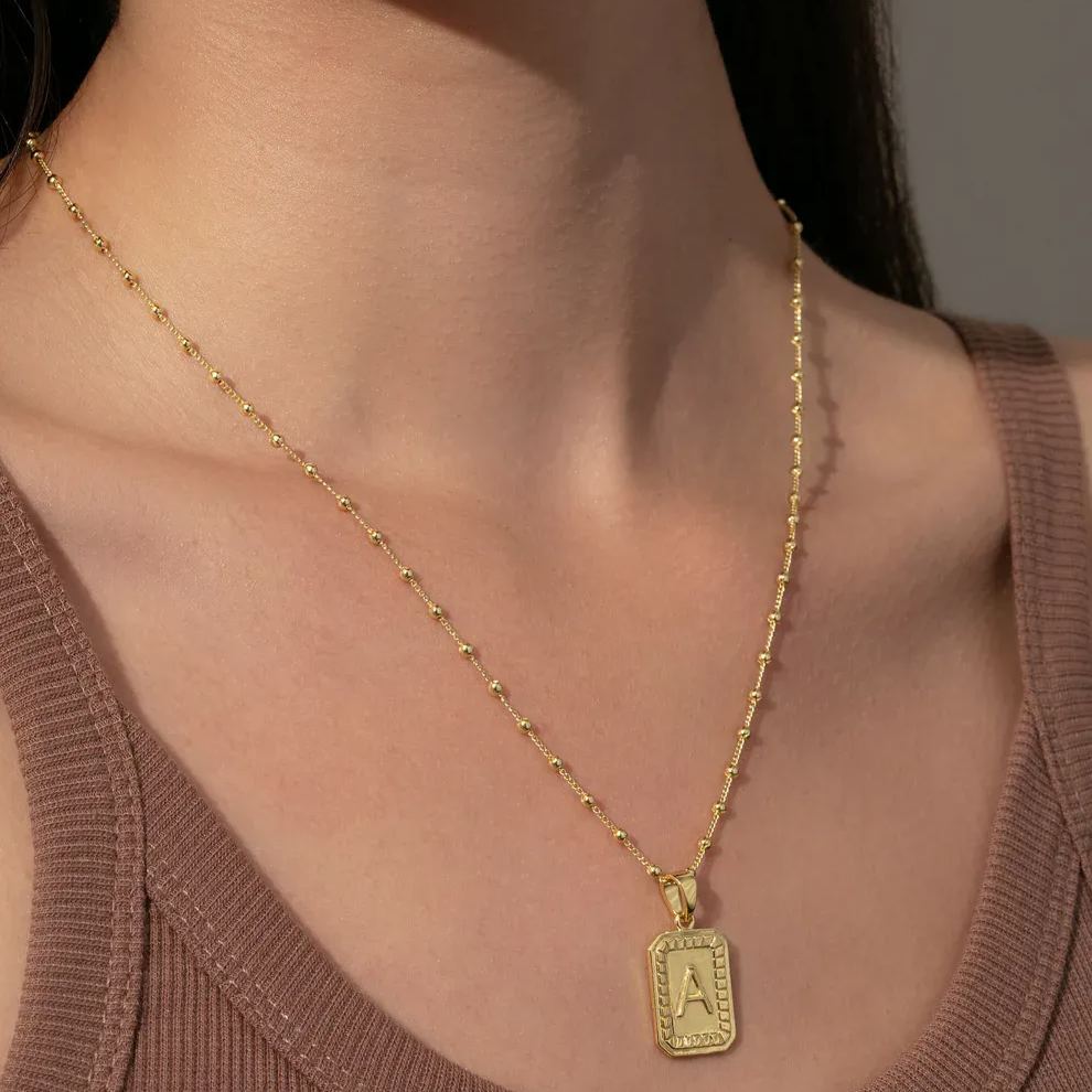 Personalized Bead Chian Initials square Necklace In Gold Vermeil