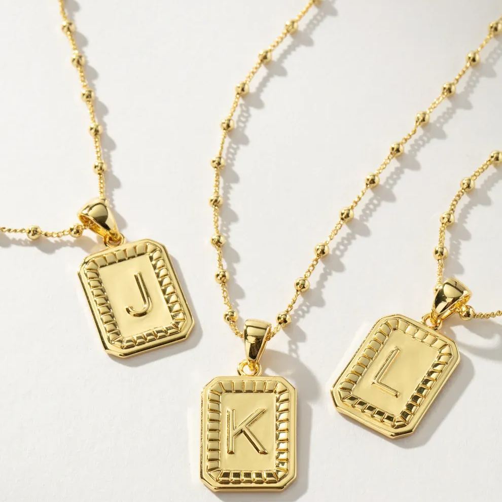 Personalized Bead Chian Initials square Necklace In Gold Vermeil