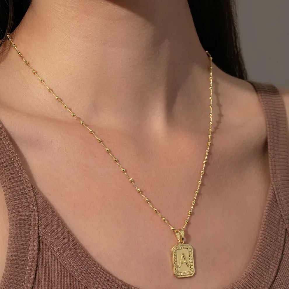 Personalized Bead Chian Initials square Necklace In 14K Solid Gold