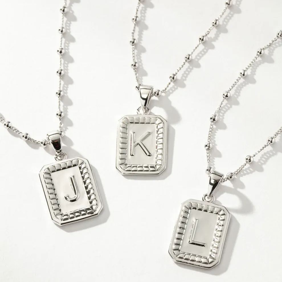 Personalized Bead Chian Initials square Necklace In Sterling Silver