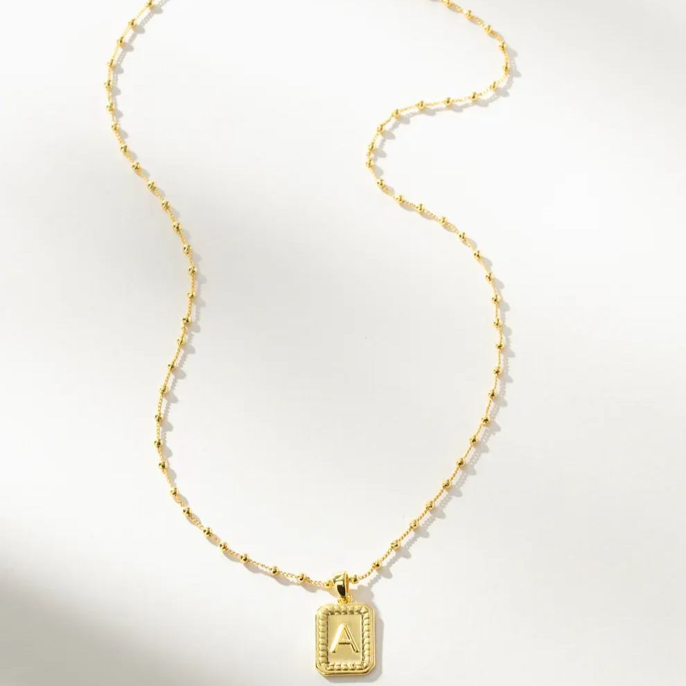 Personalized Bead Chian Initials square Necklace In 14K Solid Gold