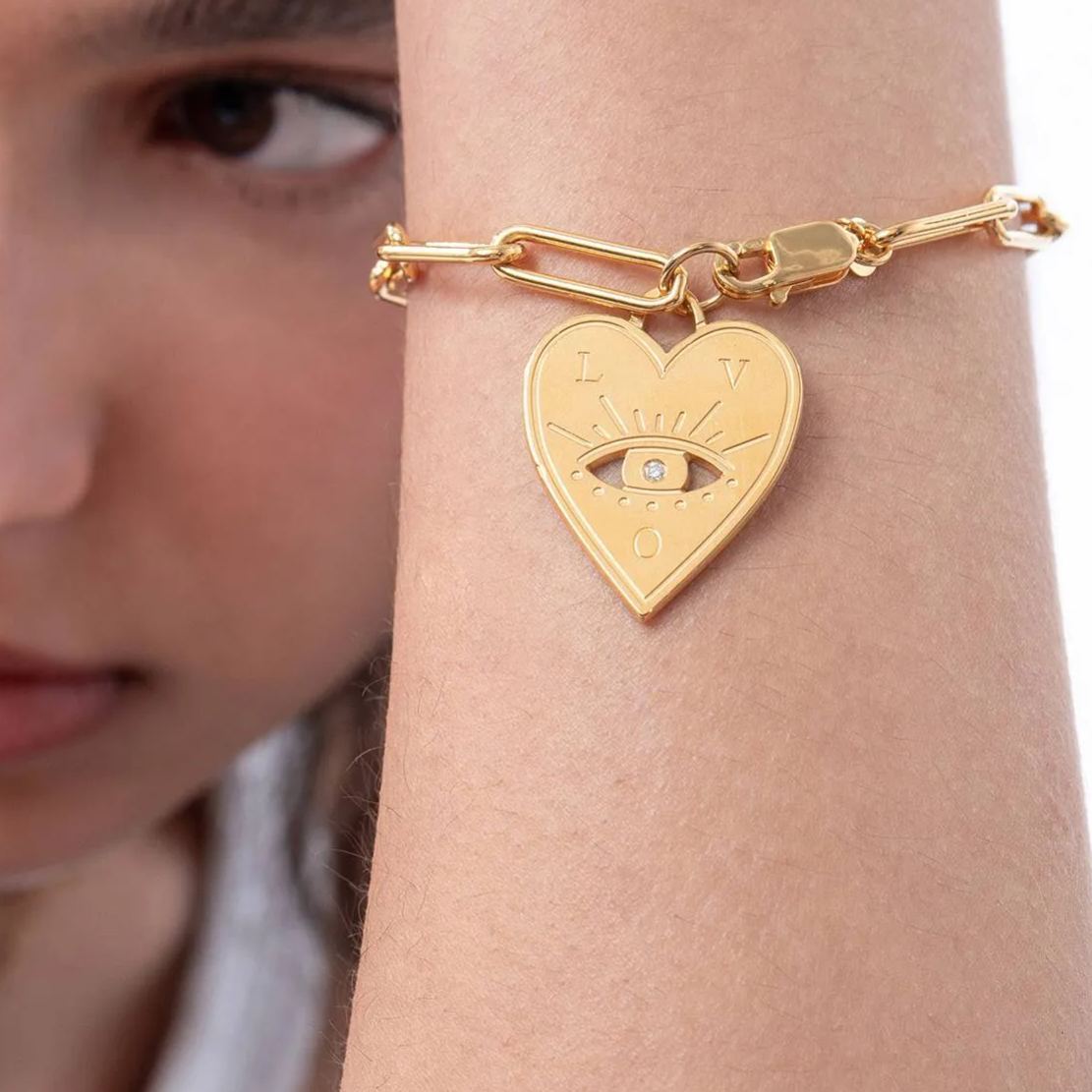 Engraved Evil Eye Heart Bracelet with Diamond in Gold Vermeil