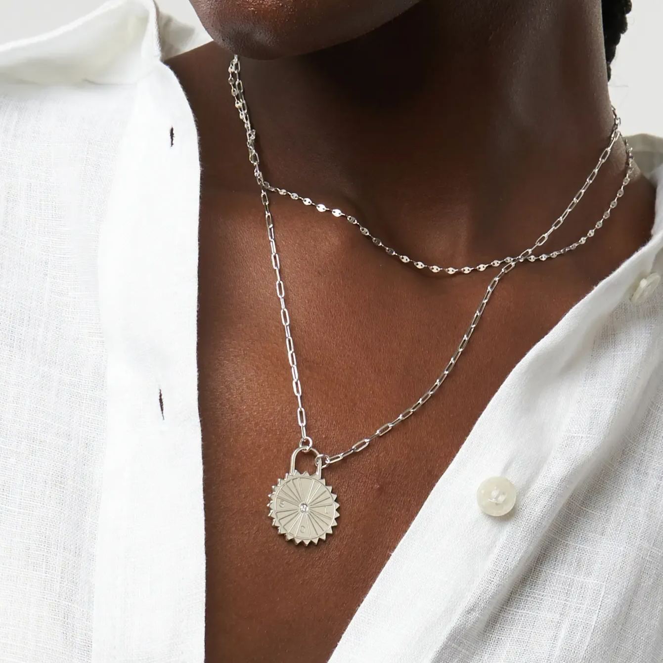 Sun Compass Diamond Initials Necklace In Sterling Silver