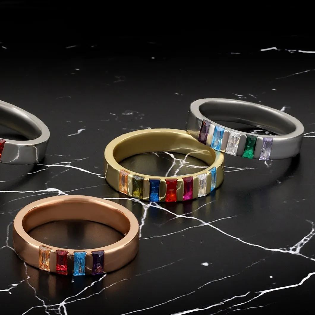 Unique Baguette Birthstone Bands Ring in Sterling Silver