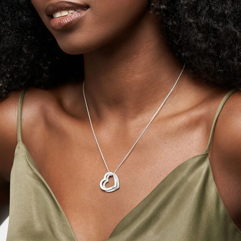 Interlocking Hearts Necklace in Sterling Silver With Personalized Engraved Words