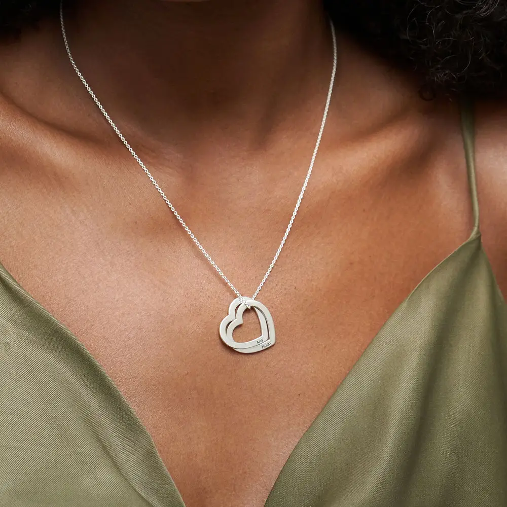 Interlocking Hearts Necklace in Sterling Silver With Personalized Engraved Words