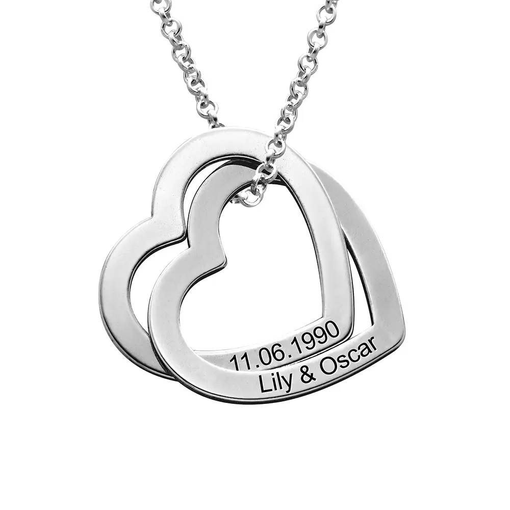 Interlocking Hearts Necklace in Sterling Silver With Personalized Engraved Words