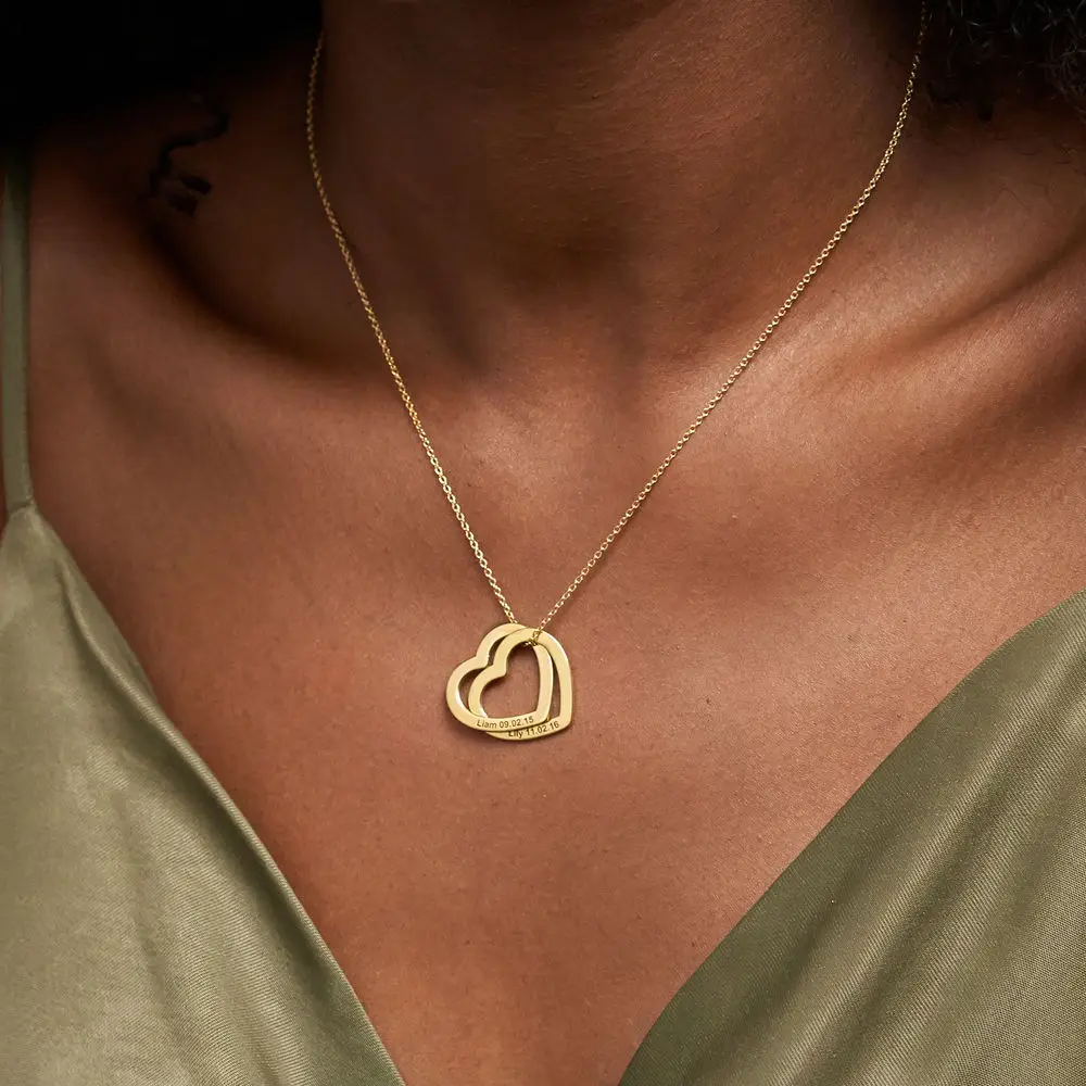 Interlocking Hearts Necklace in14K Gold With Engraved Words
