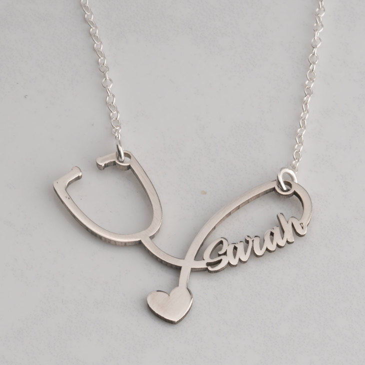 Personalized Name Heart Stethoscope Necklace In Sterling Silver