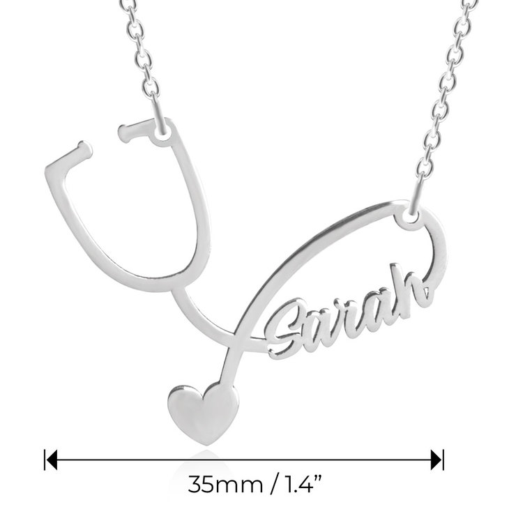 Personalized Name Heart Stethoscope Necklace In 14K Solid Gold