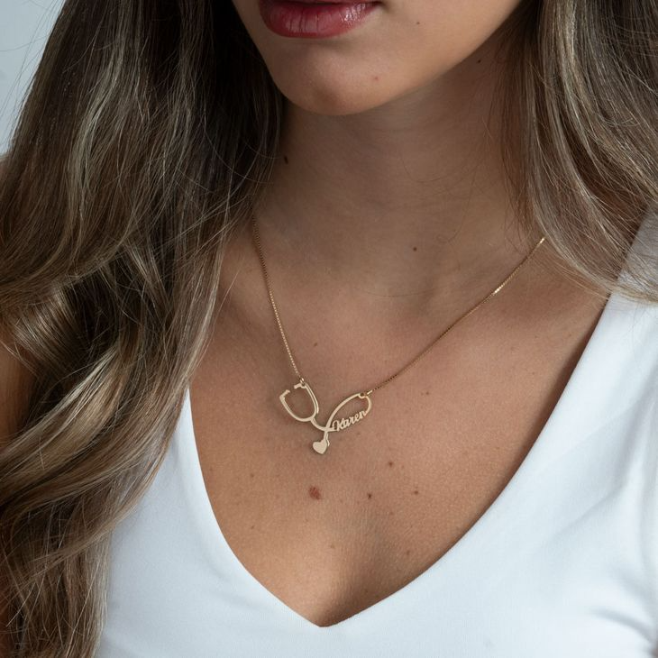 Personalized Name Heart Stethoscope Necklace In 14K Solid Gold