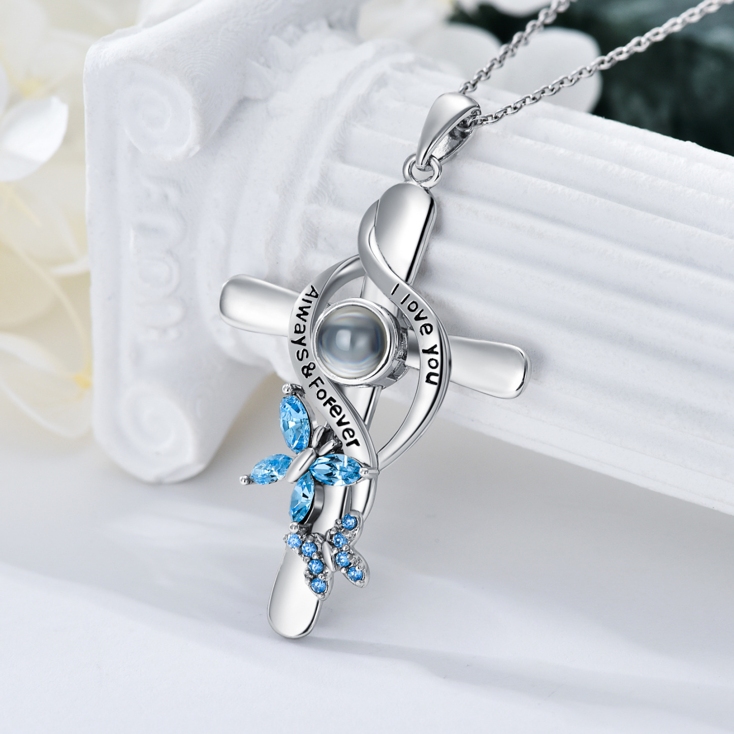 Personalized Projection Custom Photo Crystal Butterfly Cross Pendant Necklace in Sterling Silver-YAFEINI Personalized Jewelry