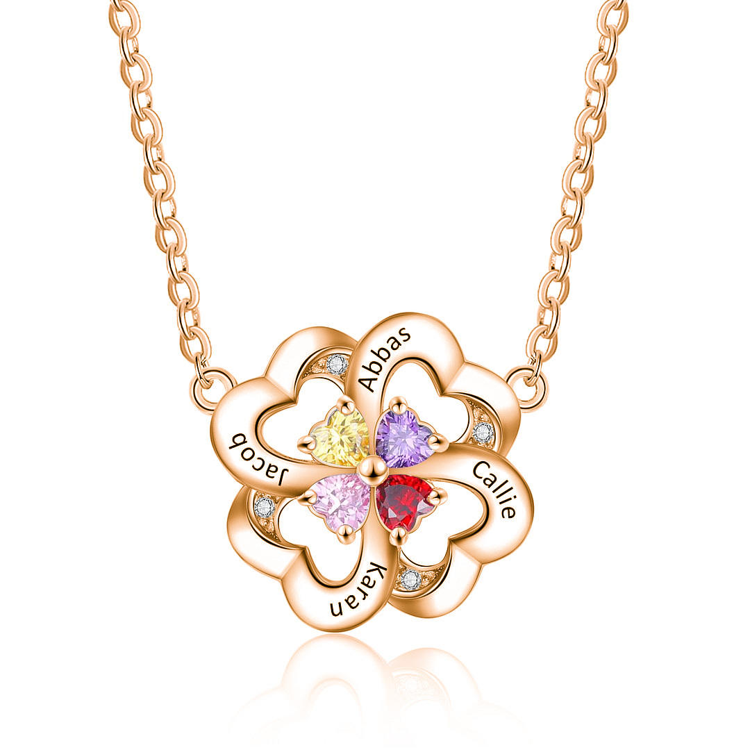 Personalized Four Leaf Clover Birthstone Necklace in 14K Solid Gold-YAFEINI Personalized Jewelry