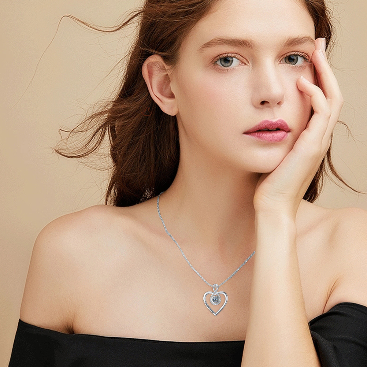 Personalized Heart Projection Stone Custom Photo Infinity Symbol Pendant Necklace in Sterling Silver-YAFEINI Personalized Jewelry
