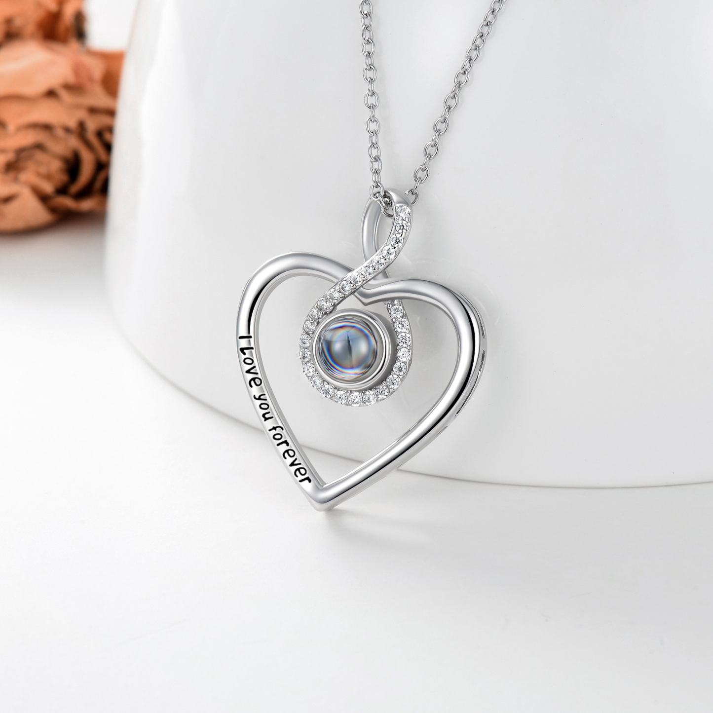Personalized Heart Projection Stone Custom Photo Infinity Symbol Pendant Necklace in Sterling Silver-YAFEINI Personalized Jewelry