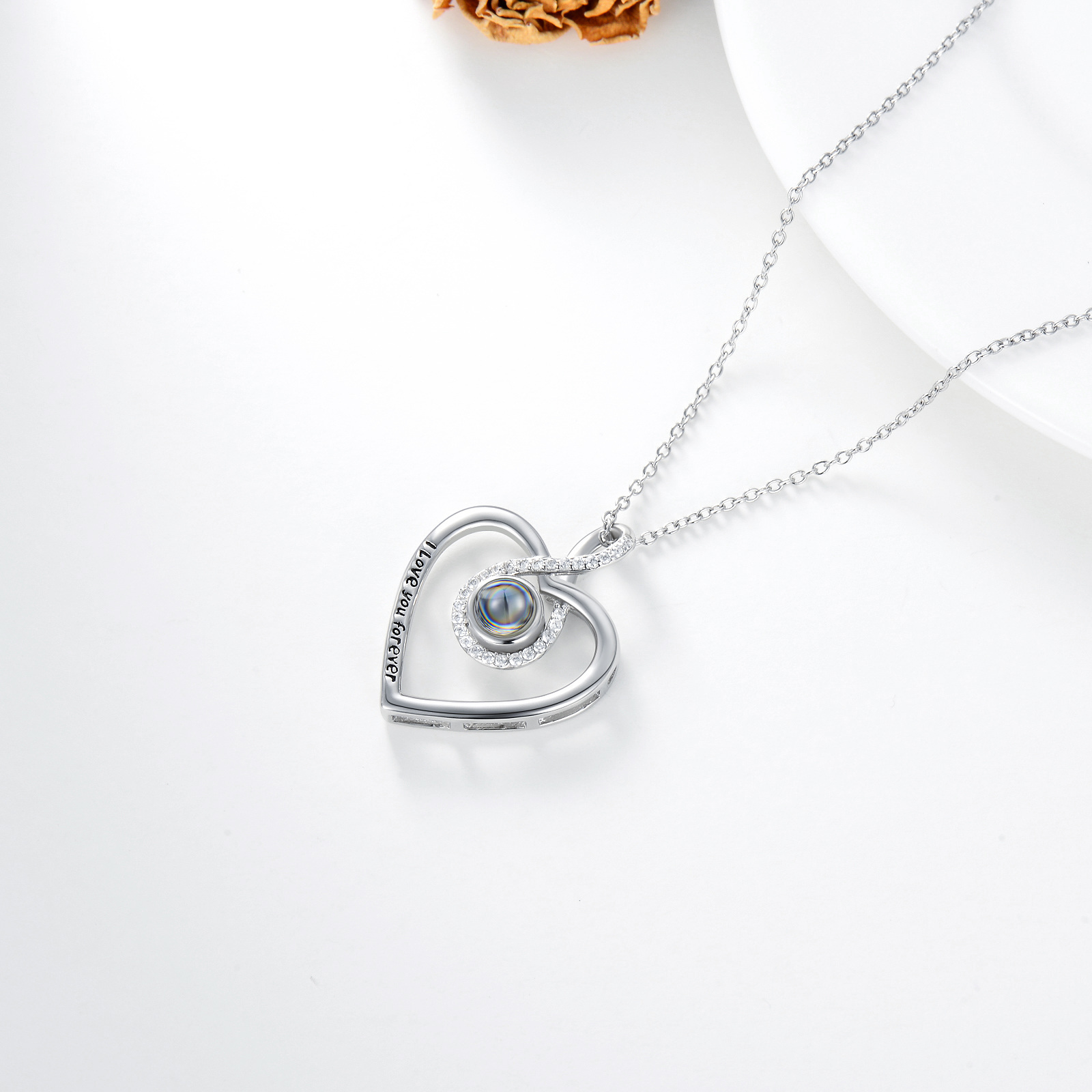 Personalized Heart Projection Stone Custom Photo Infinity Symbol Pendant Necklace in Sterling Silver-YAFEINI Personalized Jewelry