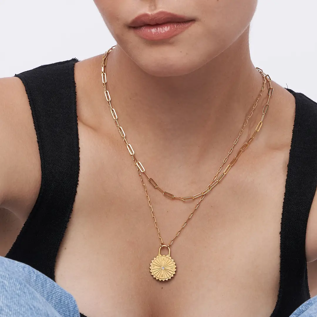 Sun Compass Diamond Initials Necklace In 14K Gold